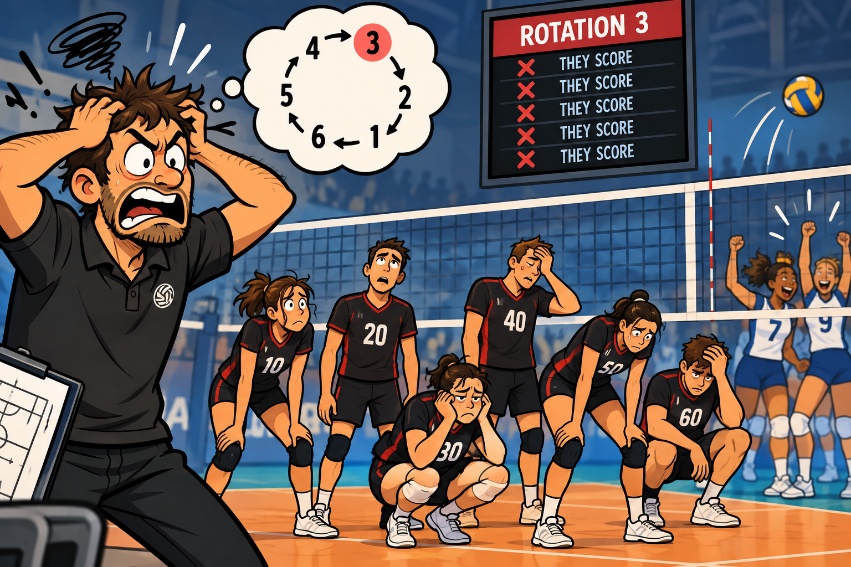Volleyball coach watching a team struggle and lose points in rotation three